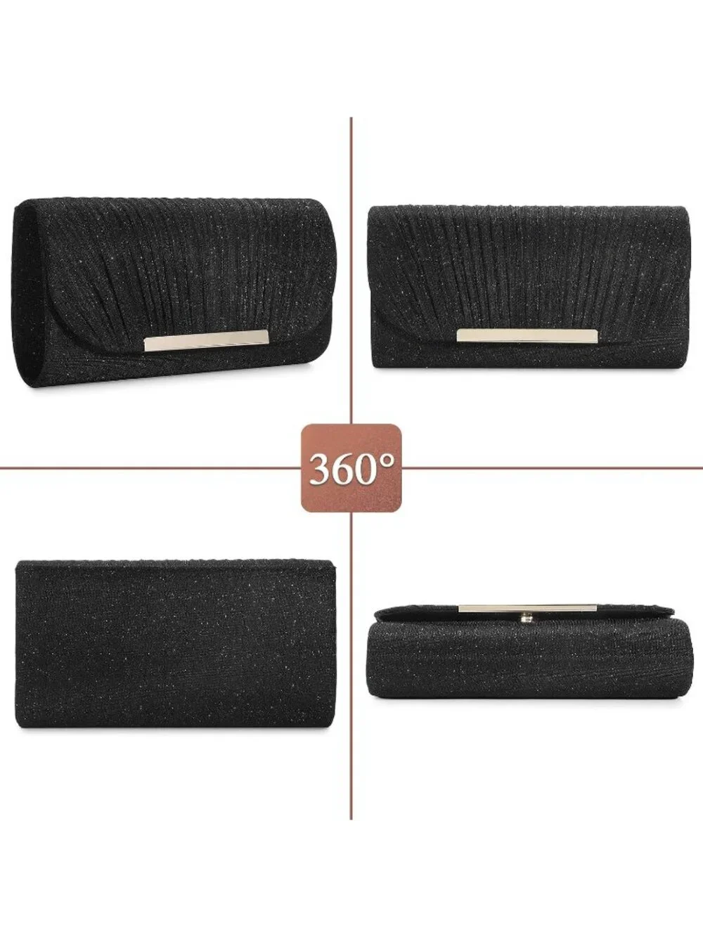 Women's Black Glitter Clutch Purse Formal Evening Bag Wedding Party Handbag